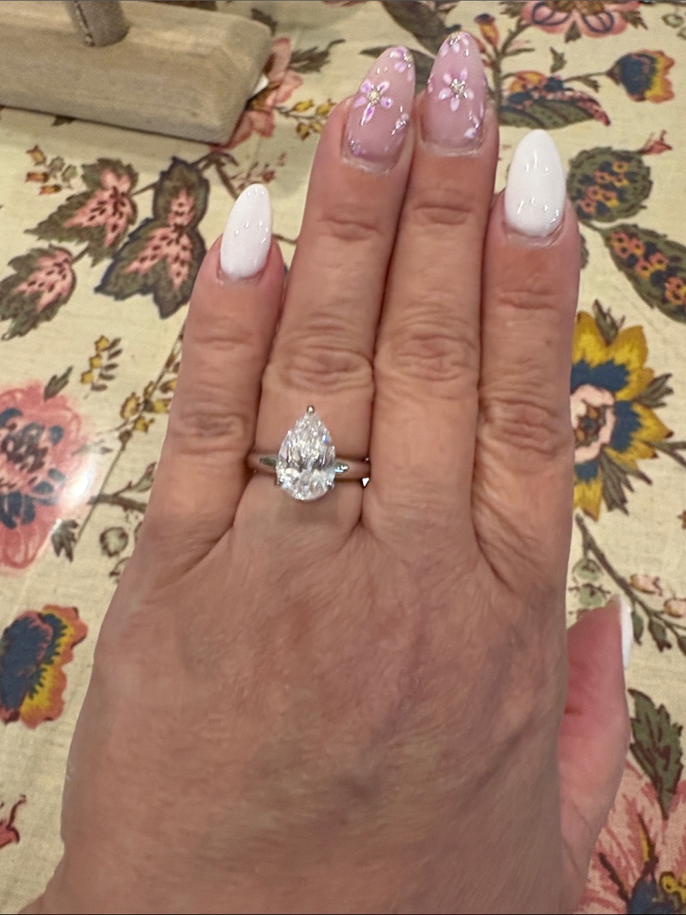Diamonique Pear-Shaped White Stone Ring in Silver Tone
